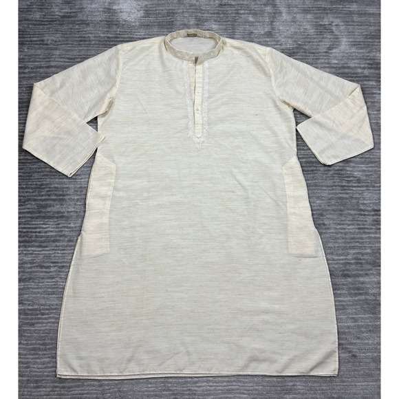 Cotler Kurta Mens 44 Beige Embroidered Collar Indian Traditional Pakistani - Picture 1 of 13